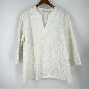 Soft Surroundings Split Neck Top 2X White Embroidered  Lined Boho Peasant Career